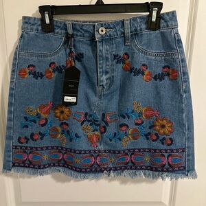 Embroidered Denim Skirt - Blue Floral Design